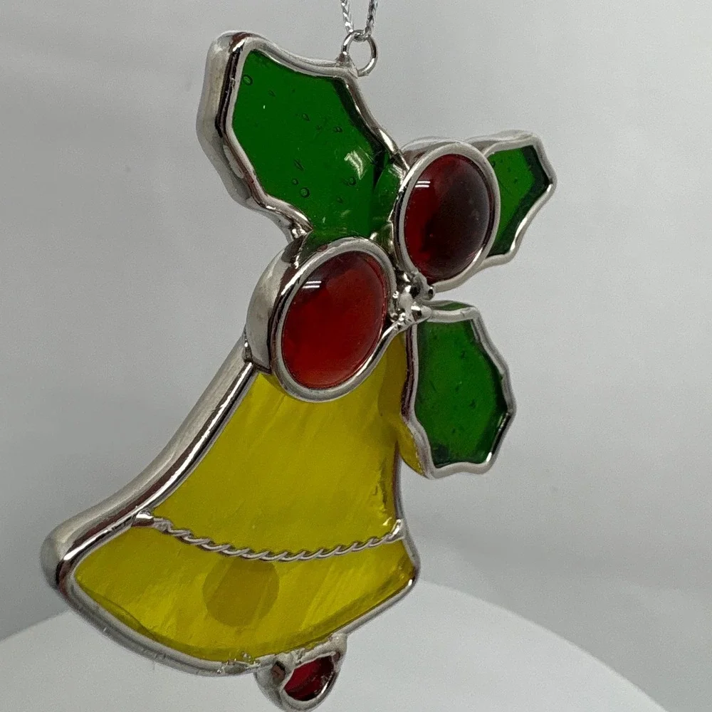 Stained Glass Bell Ornament Holly Berries Christmas Tree Decor Festive Red Green